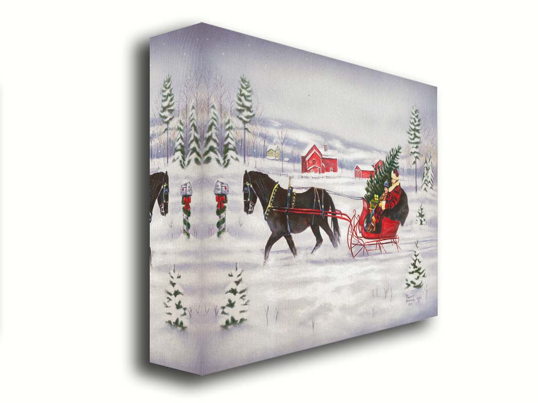 A painting of two people riding a horse-drawn sleigh through the snow, transporting an evergreen tree and gifts. Printed on canvas.