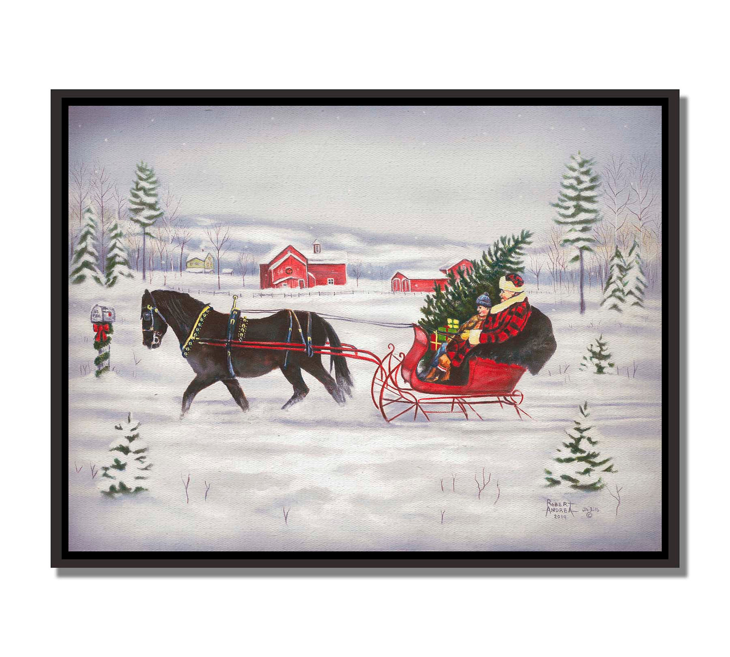 A painting of two people riding a horse-drawn sleigh through the snow, transporting an evergreen tree and gifts. Printed on canvas in a float frame.