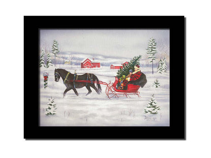 A painting of two people riding a horse-drawn sleigh through the snow, transporting an evergreen tree and gifts. Printed on canvas and framed.