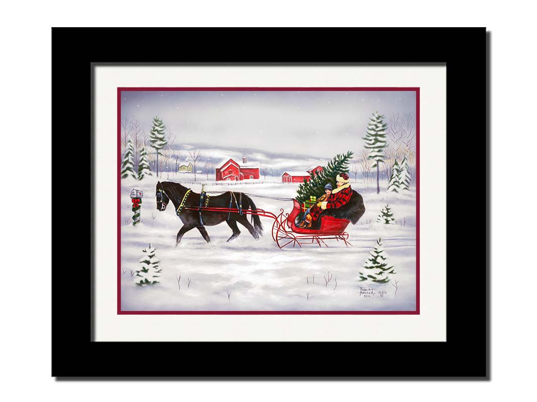 A painting of two people riding a horse-drawn sleigh through the snow, transporting an evergreen tree and gifts. Printed on paper, matted, and framed.