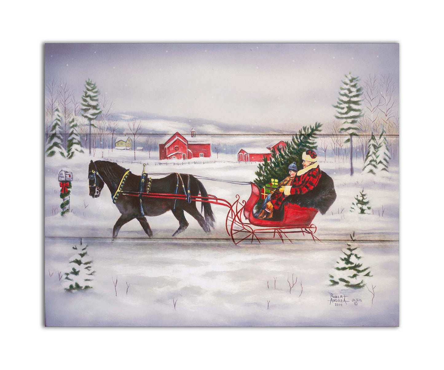 A painting of two people riding a horse-drawn sleigh through the snow, transporting an evergreen tree and gifts. Printed on a box board.