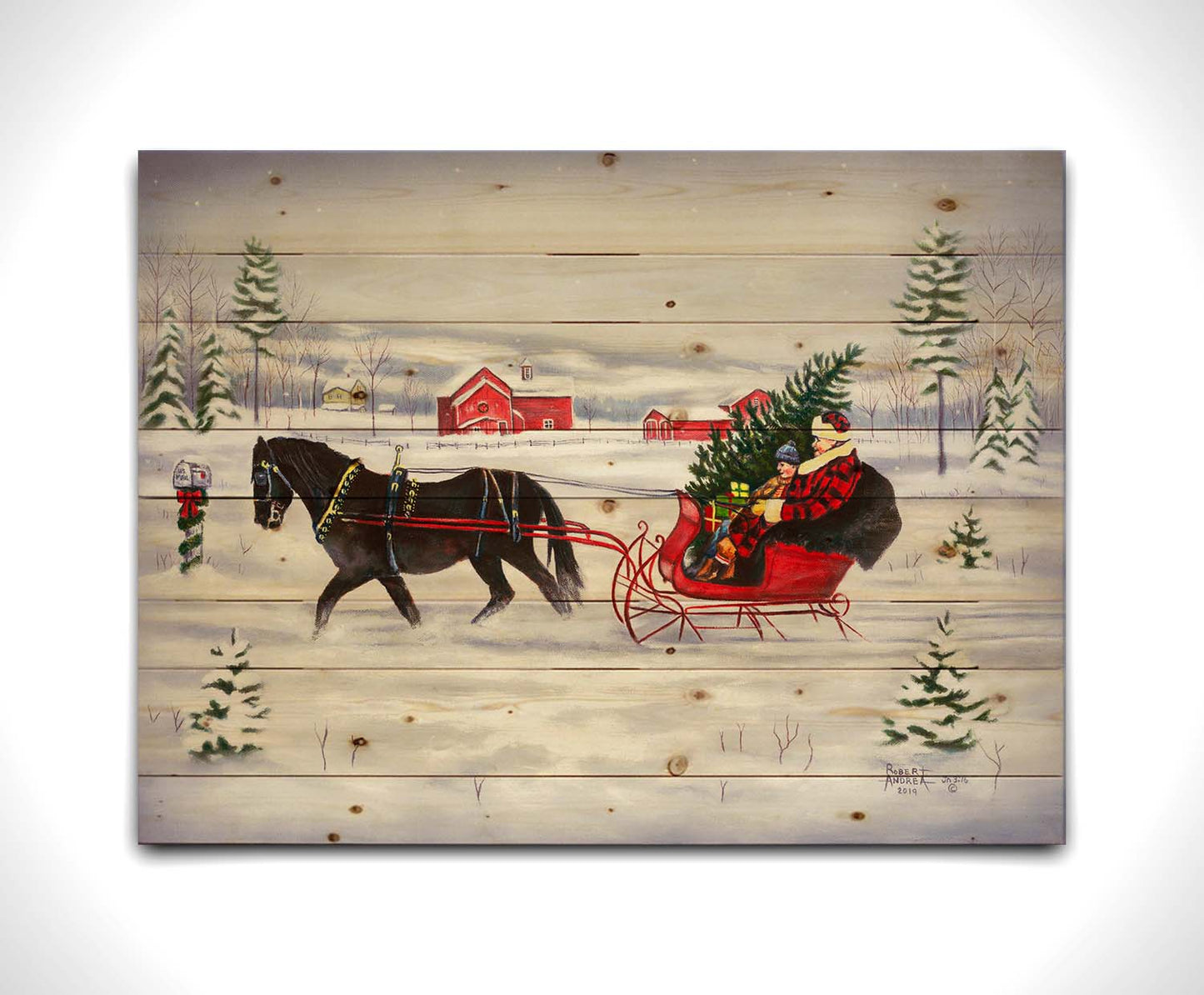 A painting of two people riding a horse-drawn sleigh through the snow, transporting an evergreen tree and gifts. Printed on a wood pallet.