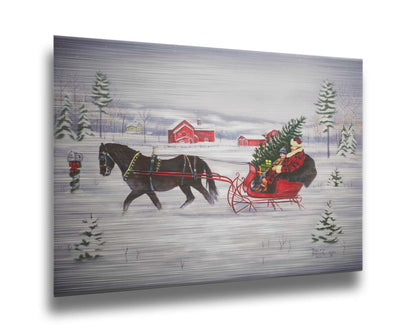 A painting of two people riding a horse-drawn sleigh through the snow, transporting an evergreen tree and gifts. Printed on metal.