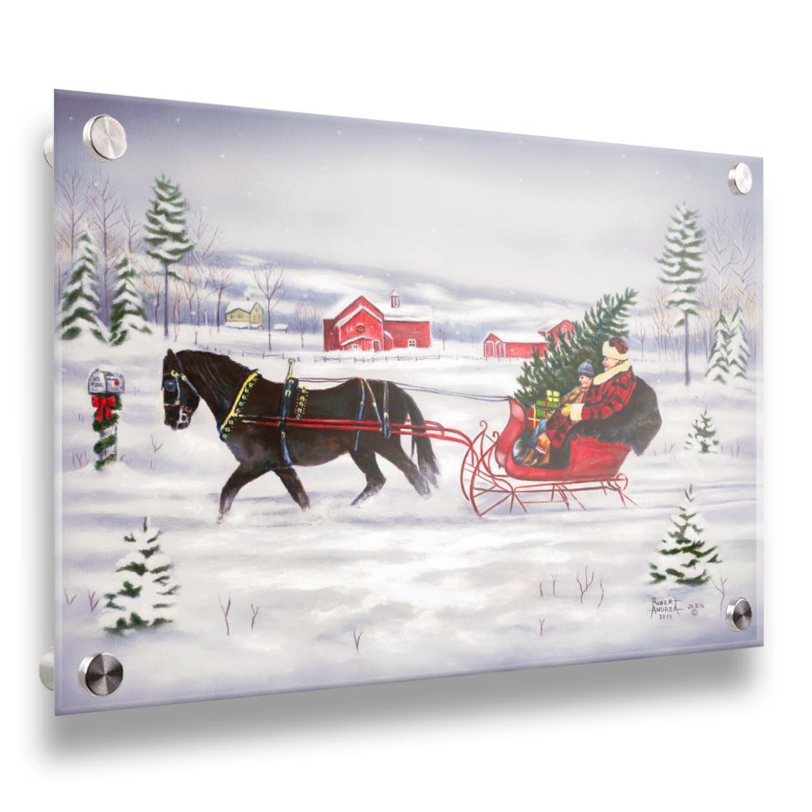 A painting of two people riding a horse-drawn sleigh through the snow, transporting an evergreen tree and gifts. Printed on acrylic.