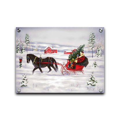 A painting of two people riding a horse-drawn sleigh through the snow, transporting an evergreen tree and gifts. Printed on acrylic.