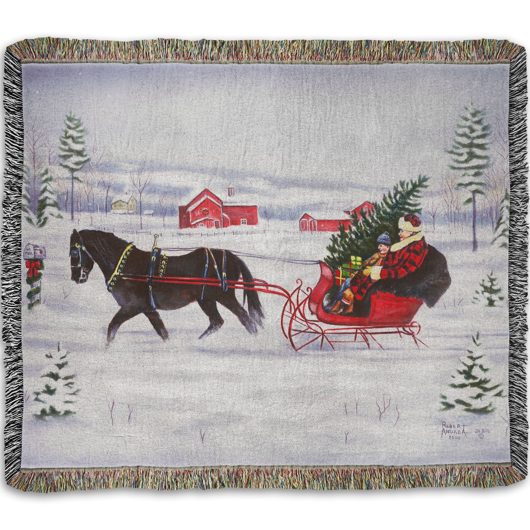 Woven blanket with a horse pulling a family in a sleigh through the snow with a christmas tree.