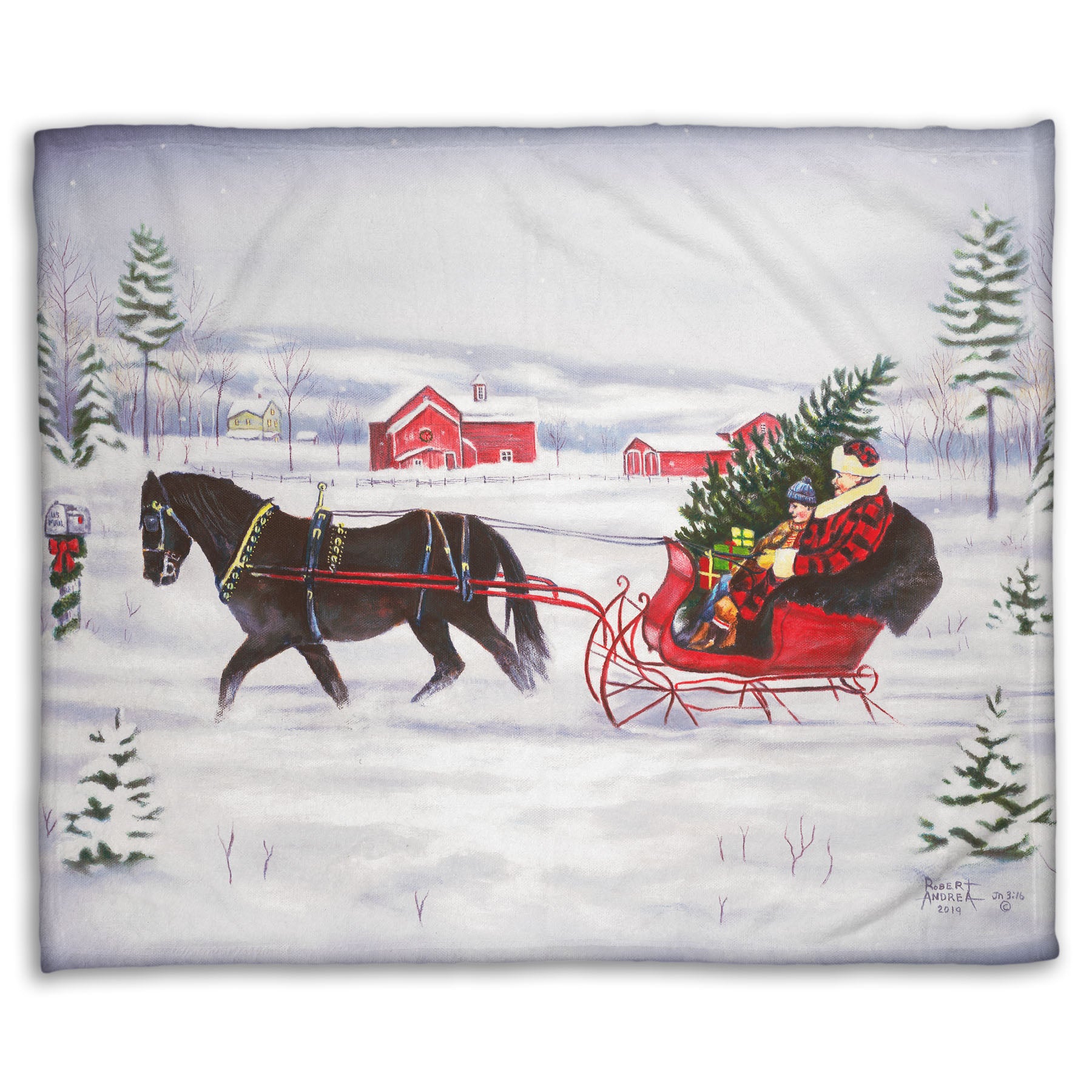 Festive blanket with a horse pulling a family in a sleigh through the snow with a christmas tree.
