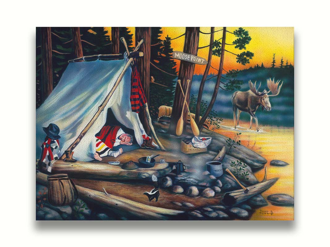 A painting of a campsite at sunset. A moose walks by in the water, as two hunters sleep peacefully, missing out on their prey. Printed on canvas.