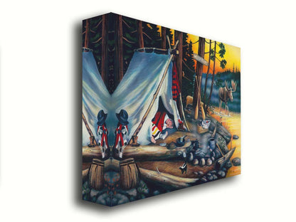 A painting of a campsite at sunset. A moose walks by in the water, as two hunters sleep peacefully, missing out on their prey. Printed on canvas.