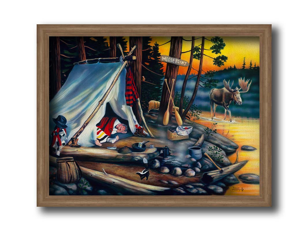 A painting of a campsite at sunset. A moose walks by in the water, as two hunters sleep peacefully, missing out on their prey. Printed on canvas and framed.