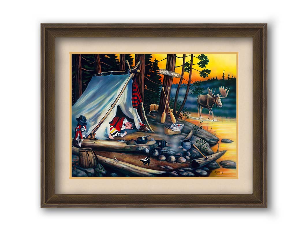 A painting of a campsite at sunset. A moose walks by in the water, as two hunters sleep peacefully, missing out on their prey. Printed on paper, matted, and framed.