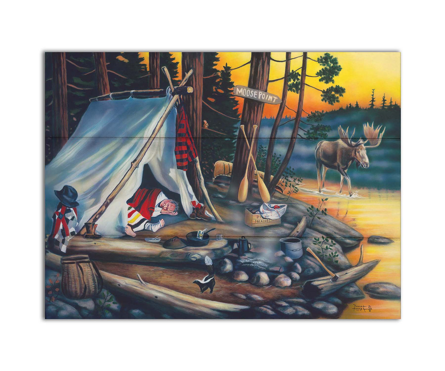 A painting of a campsite at sunset. A moose walks by in the water, as two hunters sleep peacefully, missing out on their prey. Printed on a box board.