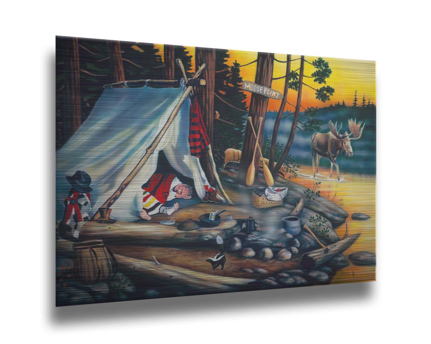 A painting of a campsite at sunset. A moose walks by in the water, as two hunters sleep peacefully, missing out on their prey. Printed on metal.