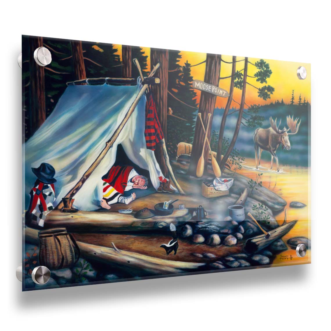 A painting of a campsite at sunset. A moose walks by in the water, as two hunters sleep peacefully, missing out on their prey. Printed on acrylic.