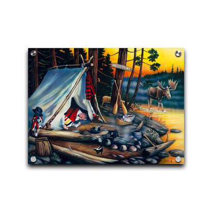 A painting of a campsite at sunset. A moose walks by in the water, as two hunters sleep peacefully, missing out on their prey. Printed on acrylic.