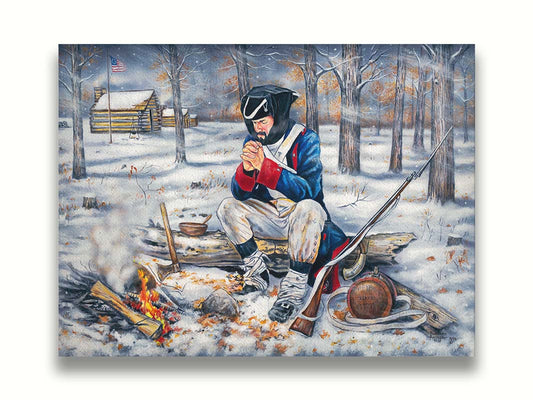 A painting of a praying soldier at Valley Forge, during a harsh winter in the early years of the Revolutionary War. Printed on canvas.