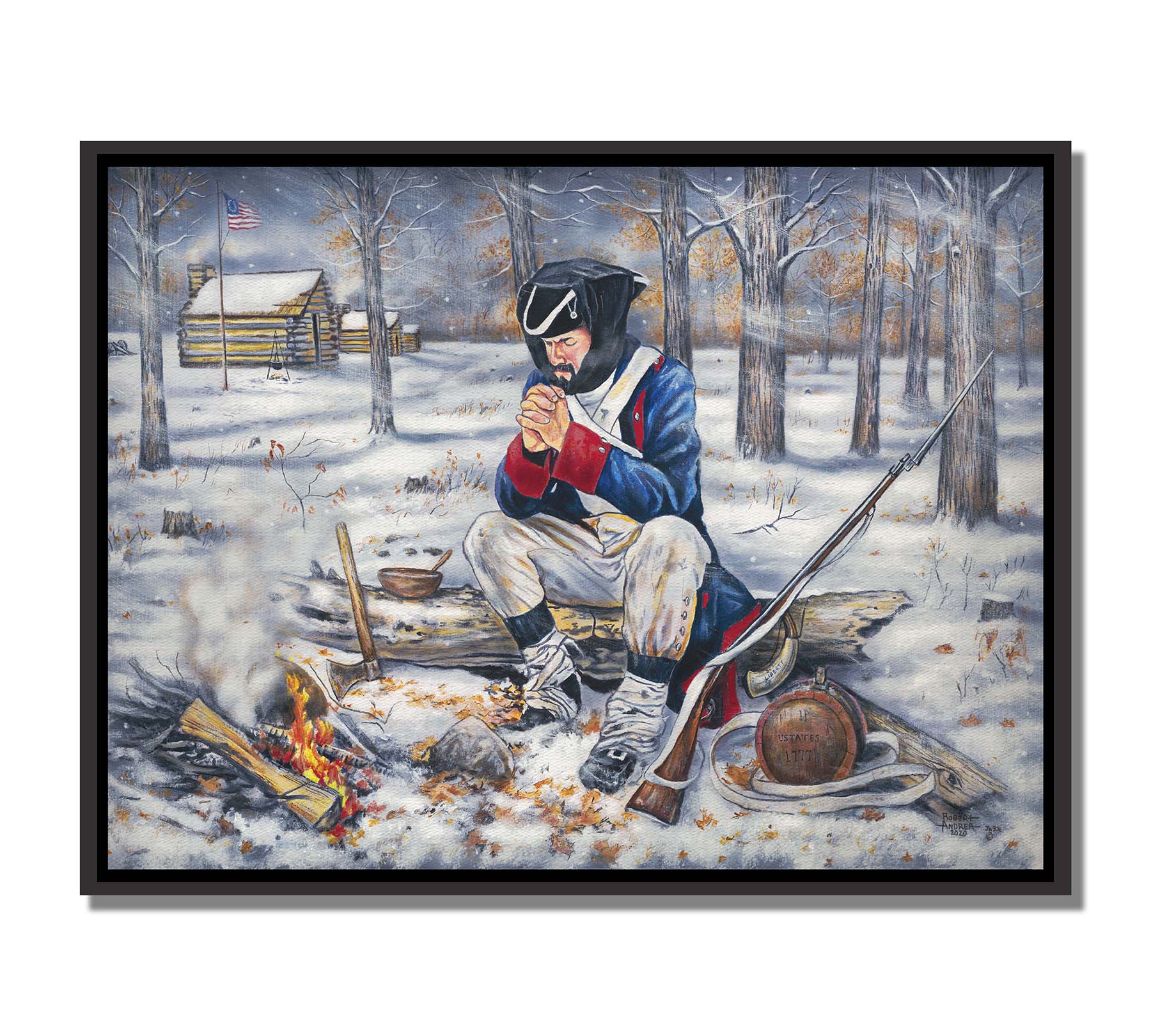 A painting of a praying soldier at Valley Forge, during a harsh winter in the early years of the Revolutionary War. Printed on canvas in a float frame.