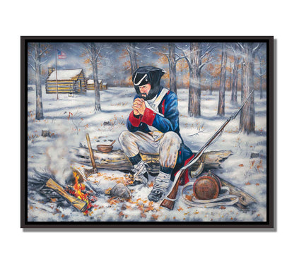 A painting of a praying soldier at Valley Forge, during a harsh winter in the early years of the Revolutionary War. Printed on canvas in a float frame.