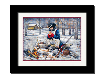 A painting of a praying soldier at Valley Forge, during a harsh winter in the early years of the Revolutionary War. Printed on paper, matted, and framed.