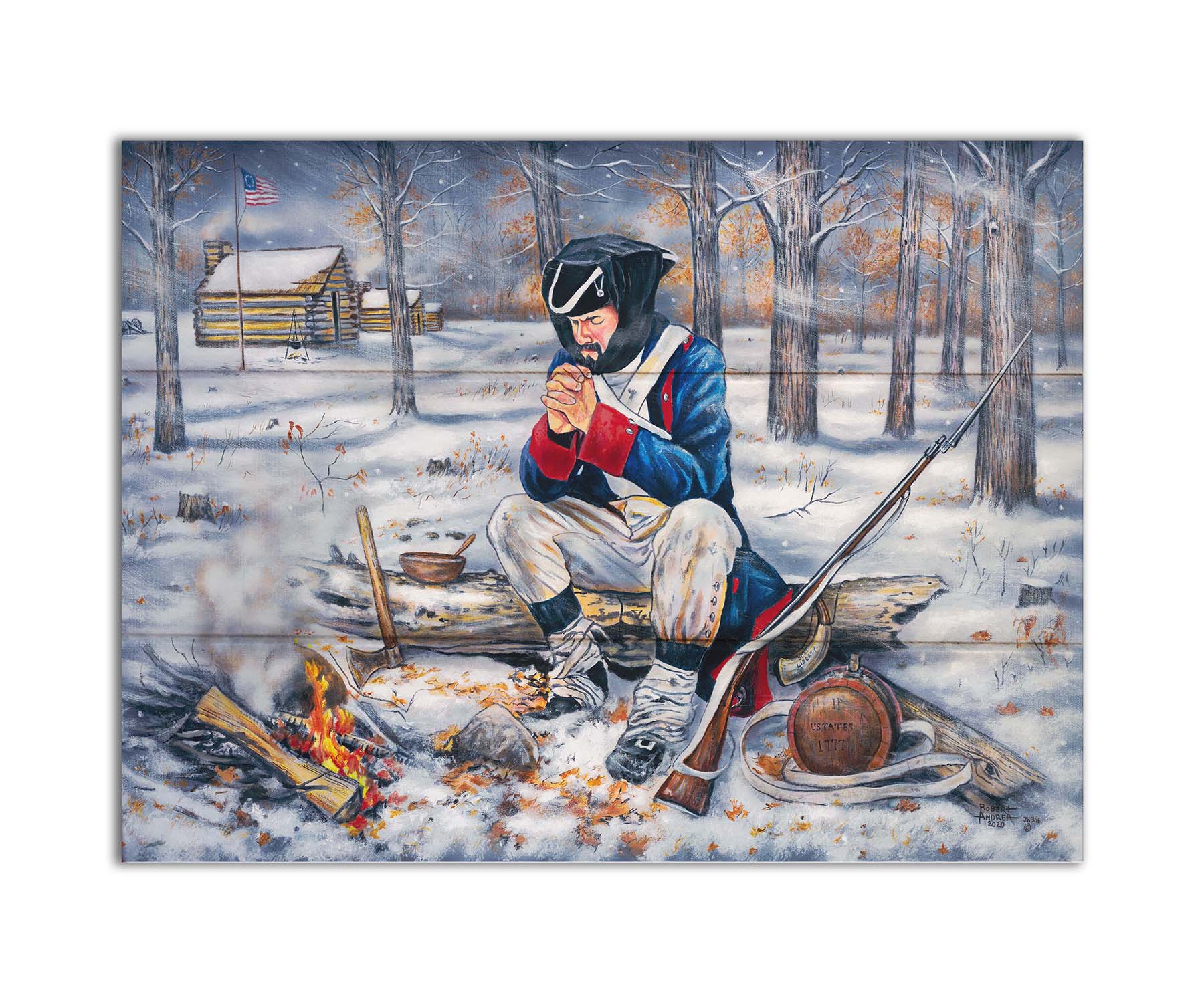 A painting of a praying soldier at Valley Forge, during a harsh winter in the early years of the Revolutionary War. Printed on a box board.