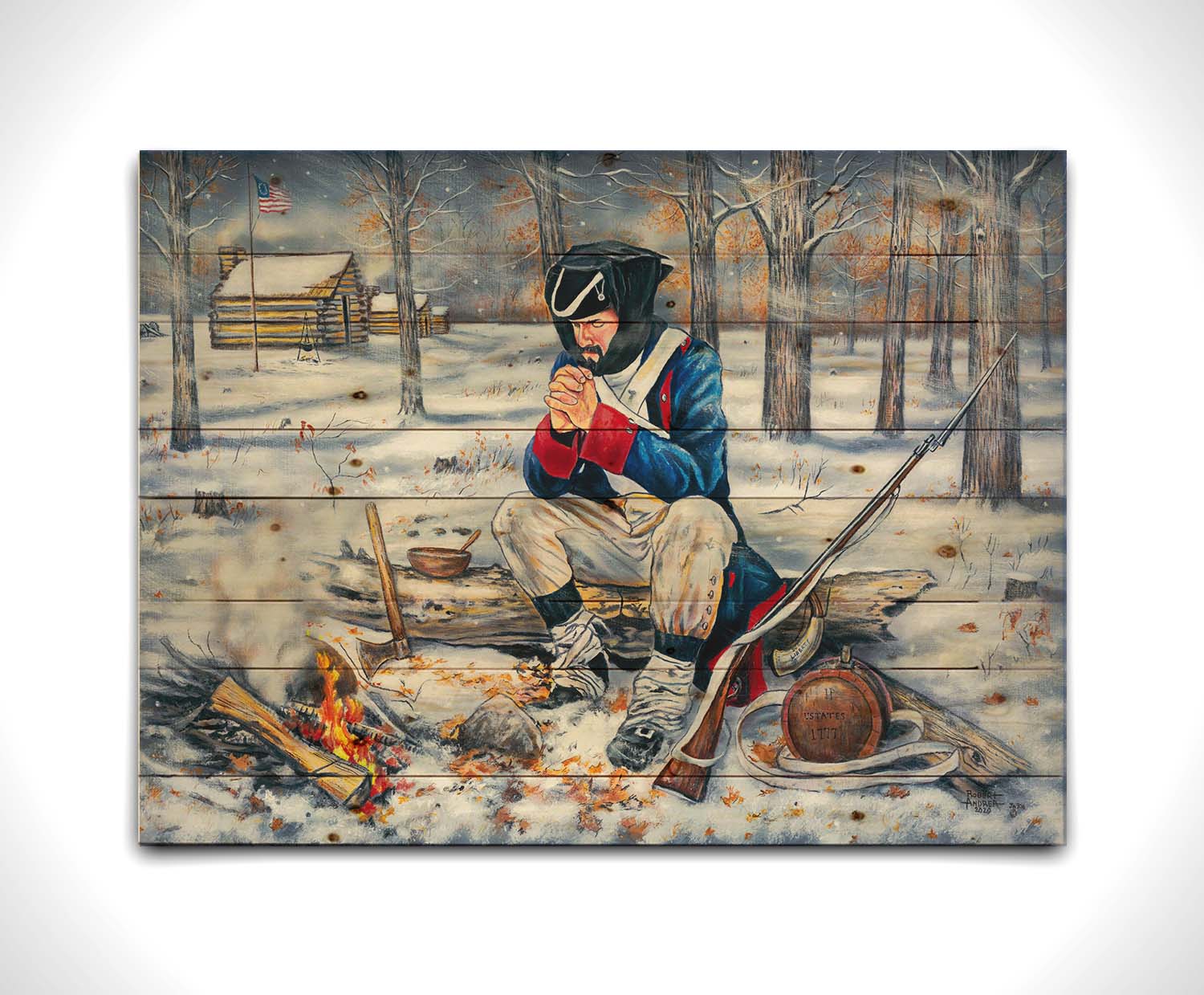 A painting of a praying soldier at Valley Forge, during a harsh winter in the early years of the Revolutionary War. Printed on a wood pallet.