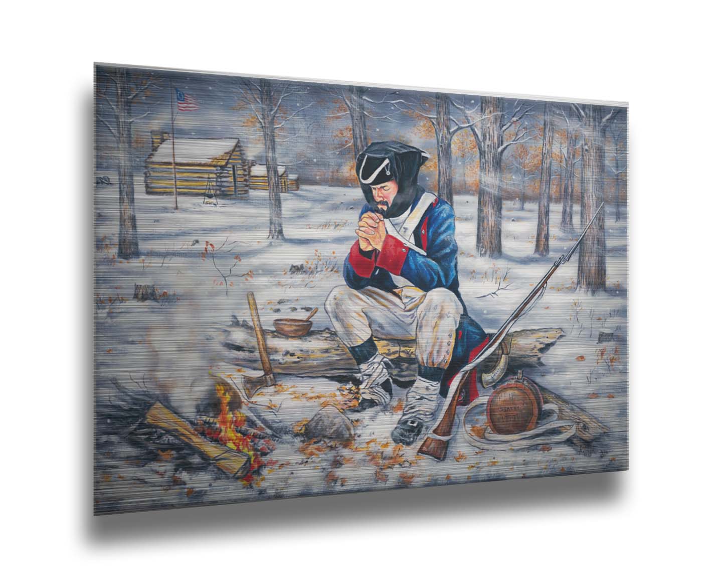 A painting of a praying soldier at Valley Forge, during a harsh winter in the early years of the Revolutionary War. Printed on metal.