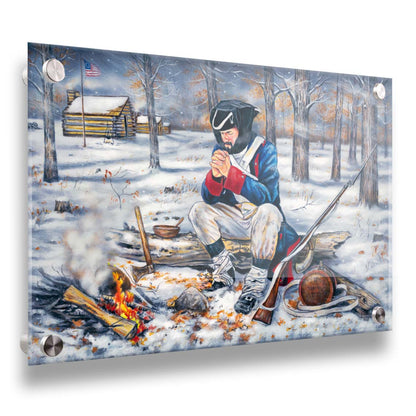 A painting of a praying soldier at Valley Forge, during a harsh winter in the early years of the Revolutionary War. Printed on acrylic.