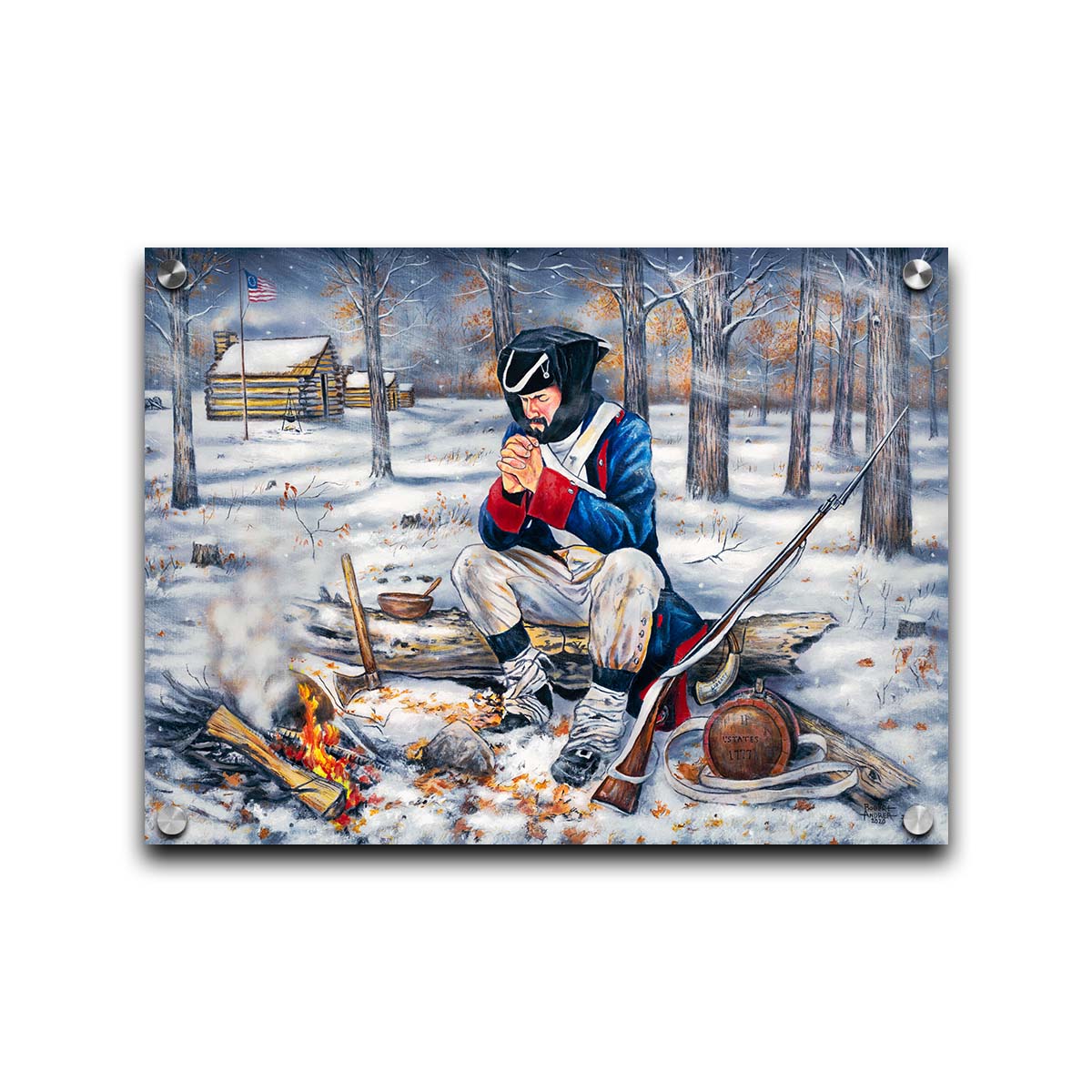 A painting of a praying soldier at Valley Forge, during a harsh winter in the early years of the Revolutionary War. Printed on acrylic.