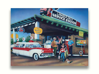 A painting based on the 1950s, where a family has stopped at a gas station. A man is showing off the fish he caught, while a kid walks by with two larger fish. Printed on canvas.