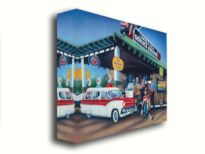 A painting based on the 1950s, where a family has stopped at a gas station. A man is showing off the fish he caught, while a kid walks by with two larger fish. Printed on canvas.