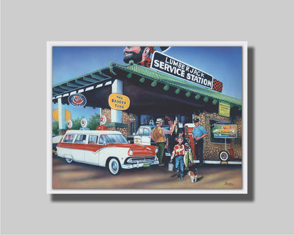 A painting based on the 1950s, where a family has stopped at a gas station. A man is showing off the fish he caught, while a kid walks by with two larger fish. Printed on canvas in a float frame.