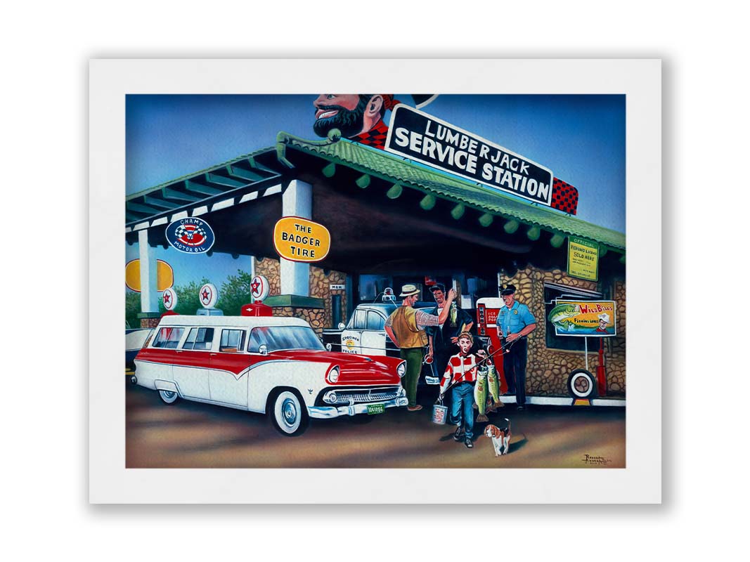 A painting based on the 1950s, where a family has stopped at a gas station. A man is showing off the fish he caught, while a kid walks by with two larger fish. Printed on canvas and framed.