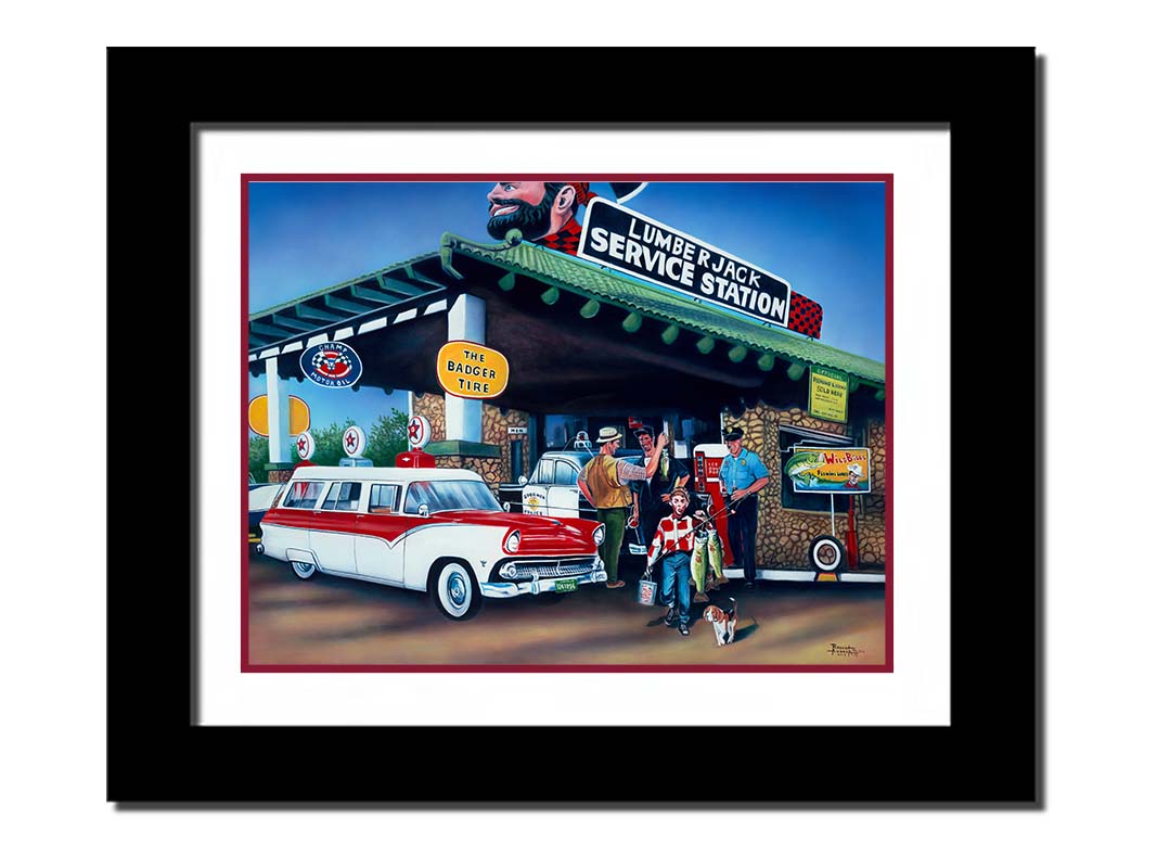 A painting based on the 1950s, where a family has stopped at a gas station. A man is showing off the fish he caught, while a kid walks by with two larger fish. Printed on paper, matted, and framed.