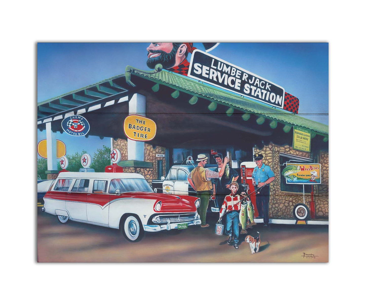 A painting based on the 1950s, where a family has stopped at a gas station. A man is showing off the fish he caught, while a kid walks by with two larger fish. Printed on a box board.