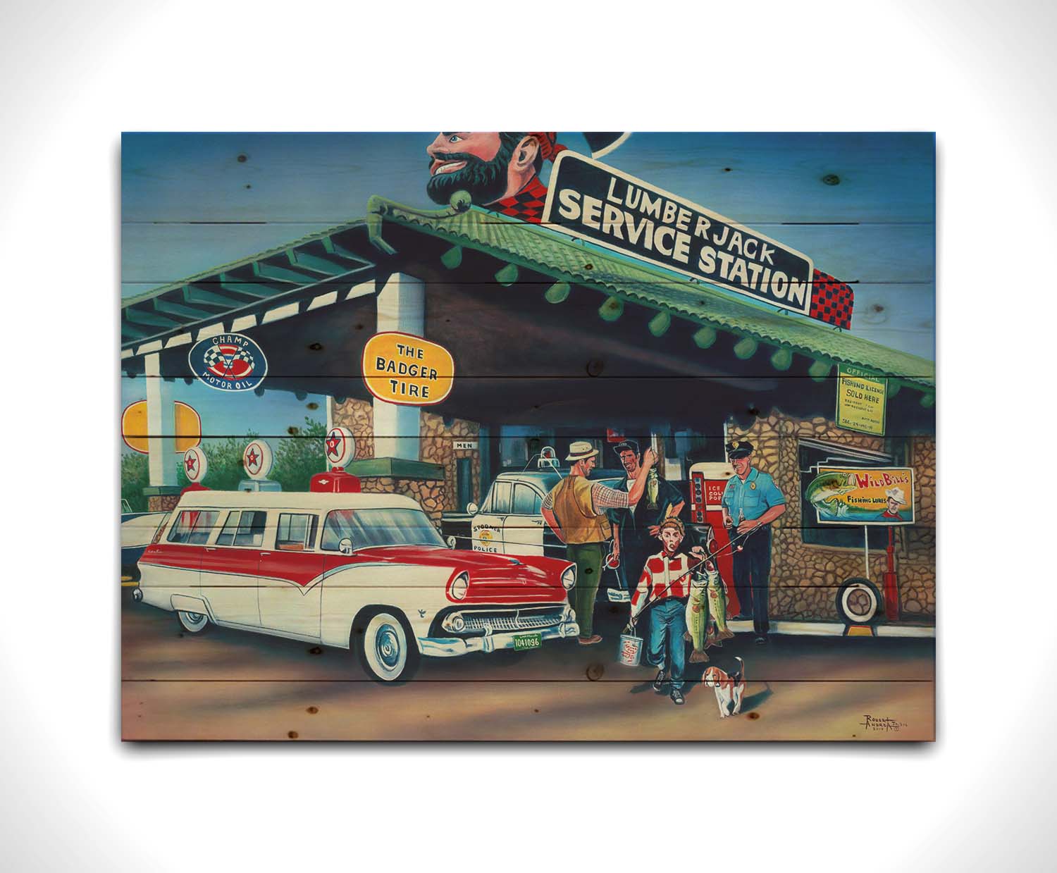 A painting based on the 1950s, where a family has stopped at a gas station. A man is showing off the fish he caught, while a kid walks by with two larger fish. Printed on a wood pallet.