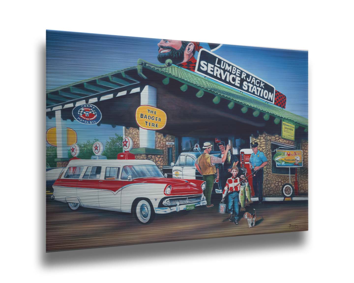 A painting based on the 1950s, where a family has stopped at a gas station. A man is showing off the fish he caught, while a kid walks by with two larger fish. Printed on metal.