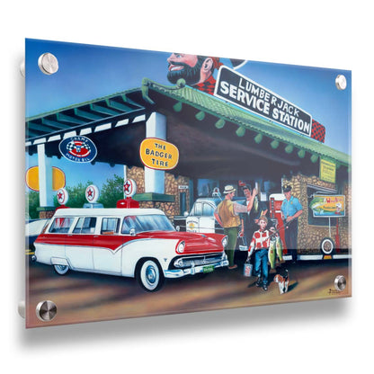 A painting based on the 1950s, where a family has stopped at a gas station. A man is showing off the fish he caught, while a kid walks by with two larger fish. Printed on acrylic.