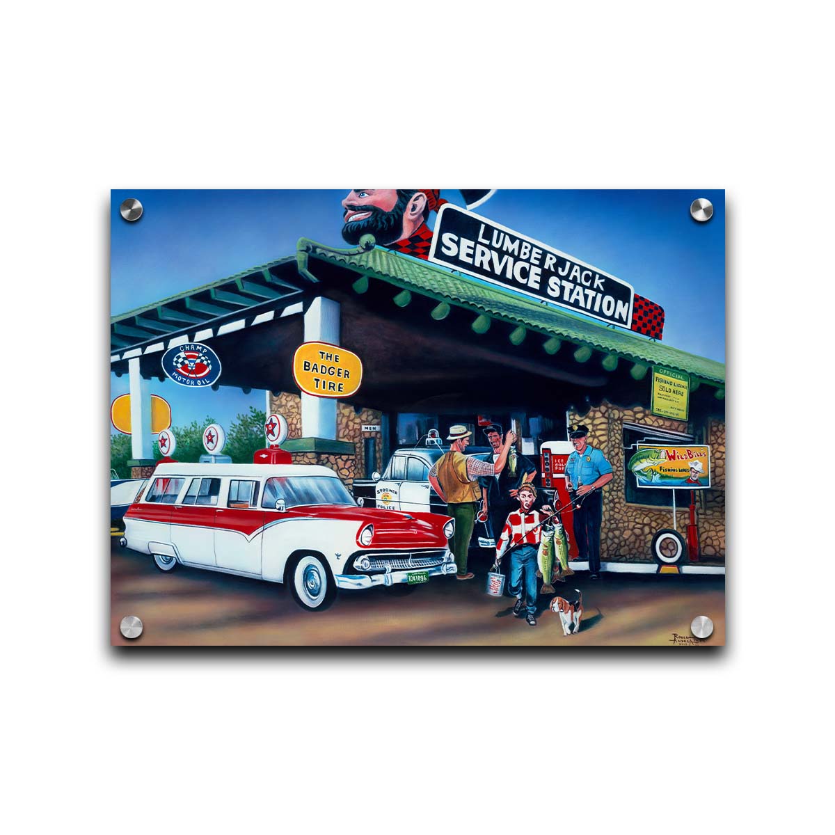 A painting based on the 1950s, where a family has stopped at a gas station. A man is showing off the fish he caught, while a kid walks by with two larger fish. Printed on acrylic.