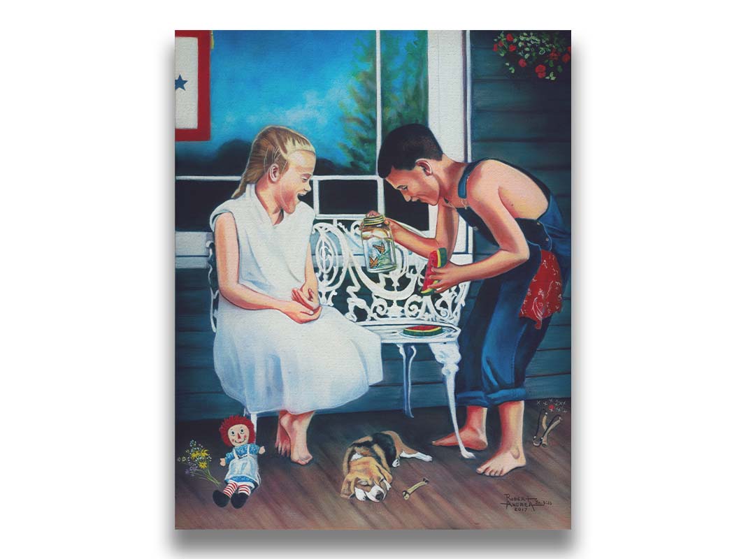 A painting of two children on a porch, eating watermelon and looking at a jar of butterflies. A puppy rests on the porch alongside them, and there are various toys on the ground. Printed on canvas.