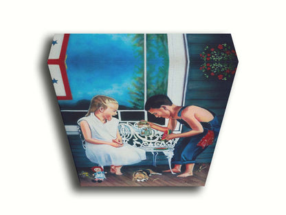 A painting of two children on a porch, eating watermelon and looking at a jar of butterflies. A puppy rests on the porch alongside them, and there are various toys on the ground. Printed on canvas.