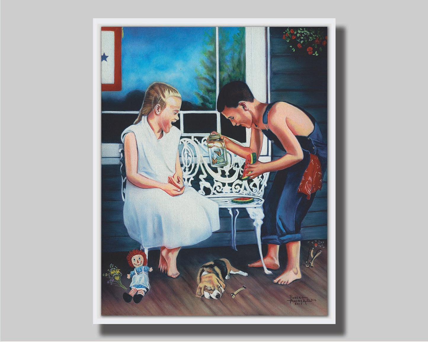 A painting of two children on a porch, eating watermelon and looking at a jar of butterflies. A puppy rests on the porch alongside them, and there are various toys on the ground. Printed on canvas in a float frame.