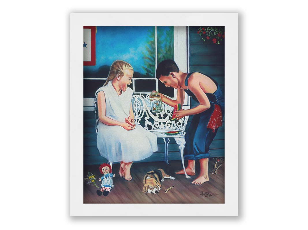 A painting of two children on a porch, eating watermelon and looking at a jar of butterflies. A puppy rests on the porch alongside them, and there are various toys on the ground. Printed on canvas and framed.