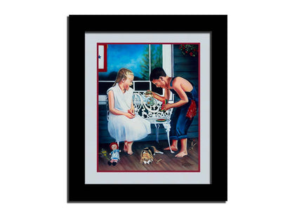 A painting of two children on a porch, eating watermelon and looking at a jar of butterflies. A puppy rests on the porch alongside them, and there are various toys on the ground.Printed on paper, matted, and framed.