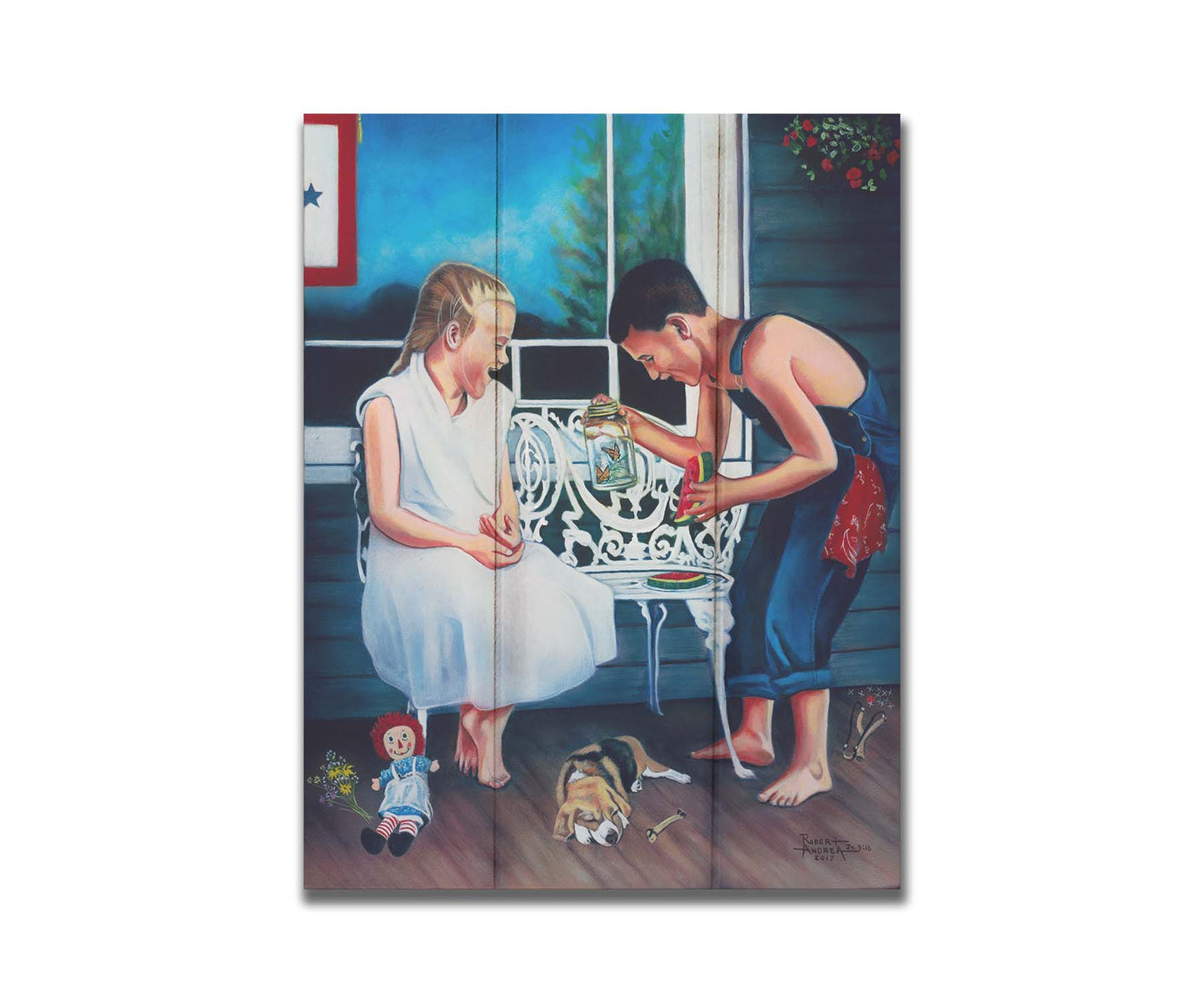 A painting of two children on a porch, eating watermelon and looking at a jar of butterflies. A puppy rests on the porch alongside them, and there are various toys on the ground. Printed on a box board.