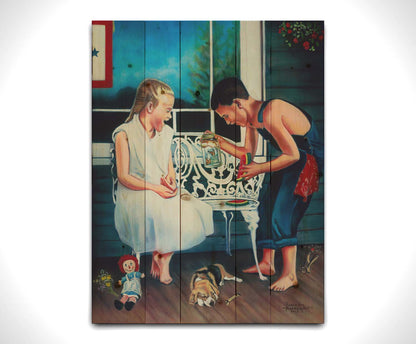 A painting of two children on a porch, eating watermelon and looking at a jar of butterflies. A puppy rests on the porch alongside them, and there are various toys on the ground. Printed on a wood pallet.