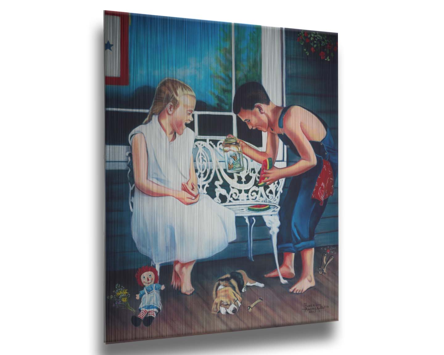 A painting of two children on a porch, eating watermelon and looking at a jar of butterflies. A puppy rests on the porch alongside them, and there are various toys on the ground. Printed on metal.