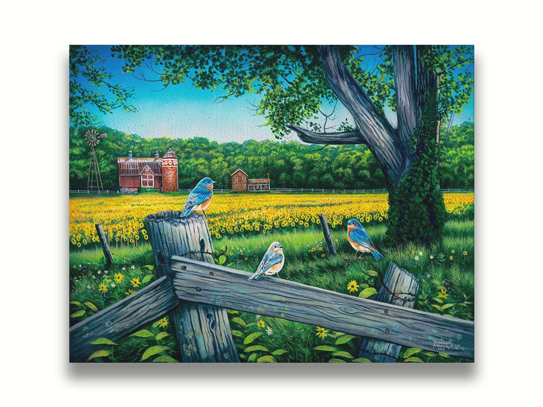 A painting of little blue birds perched on a fench before a field of sunflowers. Printed on canvas.