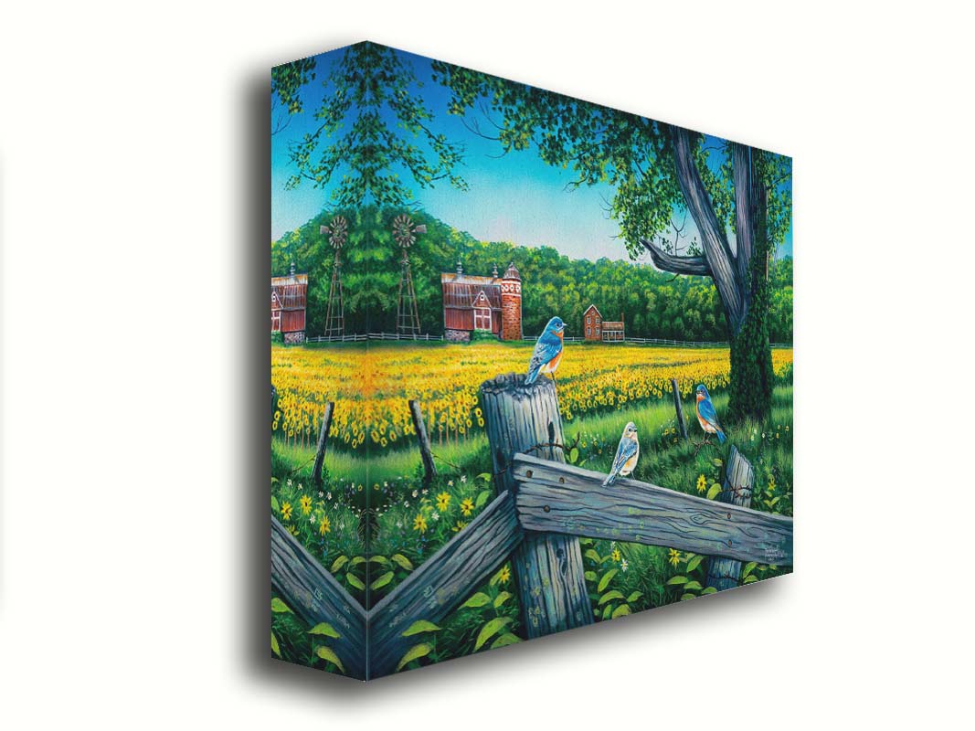 A painting of little blue birds perched on a fench before a field of sunflowers. Printed on canvas.