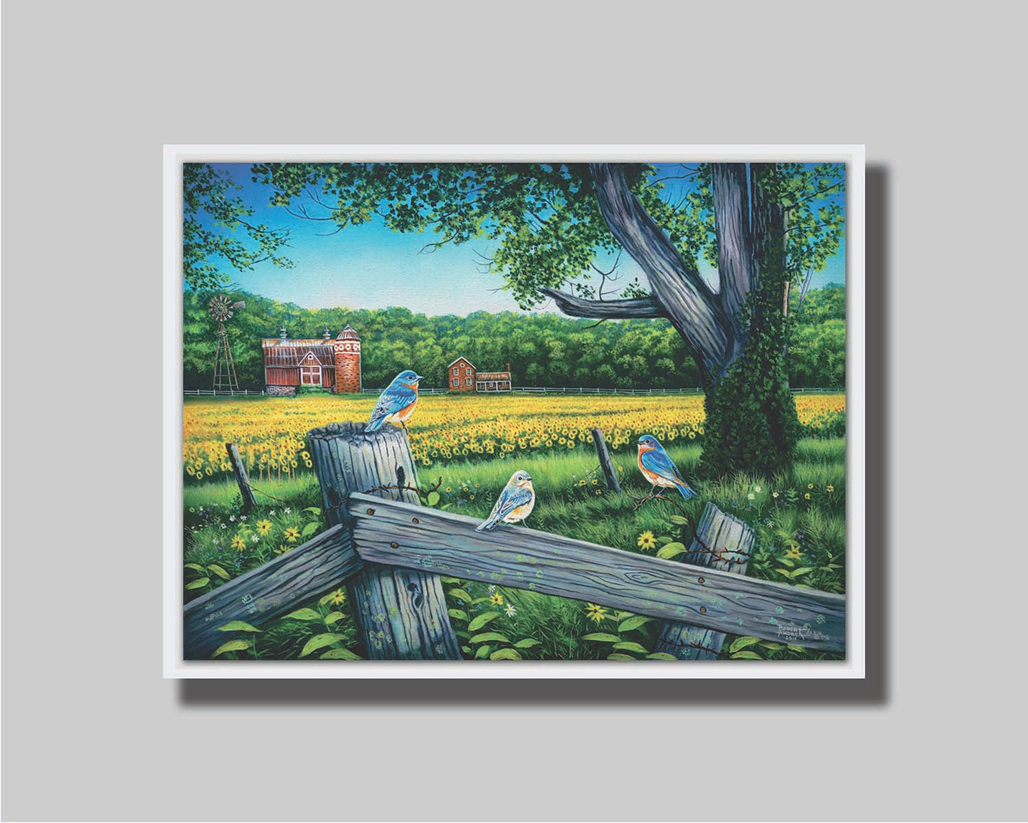 A painting of little blue birds perched on a fench before a field of sunflowers. Printed on canvas in a float frame.