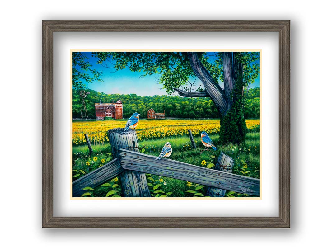 A painting of little blue birds perched on a fench before a field of sunflowers. Printed on paper, matted, and framed.